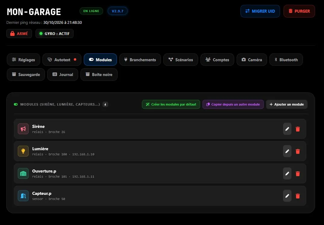 Cockpit HWIS : liste des modules du boîtier (sirène, lumière, ouverture, capteur)