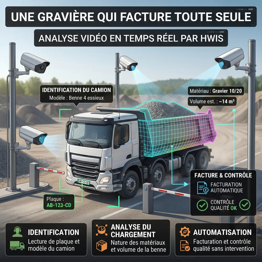 Camion à l'entrée d'une gravière, analysé par l'IA